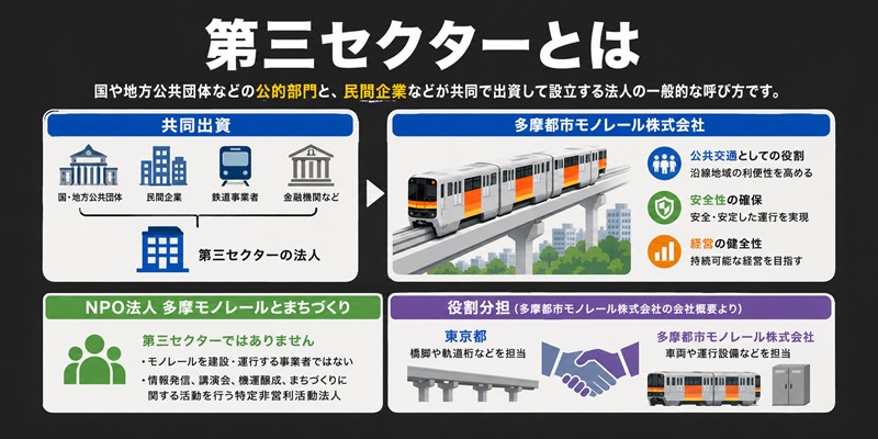第三セクターとは、国や地方公共団体などの公的部門と、民間企業などが共同で出資して設立する法人の一般的な呼び方です。