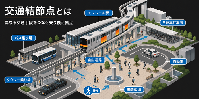 交通結節点とは、鉄道、モノレール、路線バス、タクシー、自動車、自転車、徒歩など、異なる交通手段をつなぐ場所です。